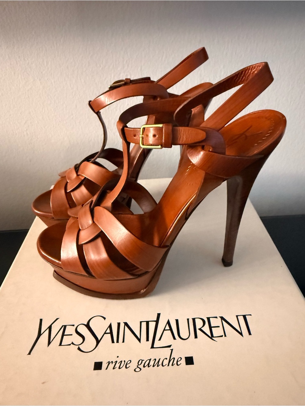 Yves Saint Laurent Brown Leather Platform T-Strap Heels